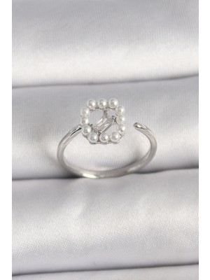 MiraLive Pirinç Gümüş Renk Zirkon Taş Detaylı Incili Ayarlanabilir Yüzük - TJ-BYK3542