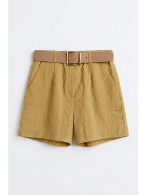 Quzu Yüksek Bel Dokulu Kemerli Mini Şort Bej