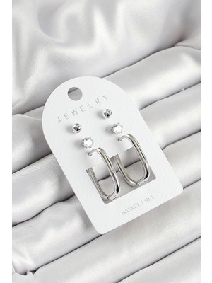 MiraLive Pirinç Zirkon Taş ve Dikdörtgen Figürlü Gümüş Renk 3'lü Çift Kadın Küpe Set - TJ-BKP10645