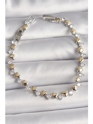 MiraLive Pirinç Gümüş Renk Zirkon Taşlı Gold Kalpli Vıp Seri Kadın Bileklik - TJ-BB6714