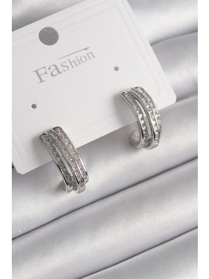 MiraLive Pirinç Gümüş Renk Zirkon Taşlı Yarım Halka Model Kadın Küpe - TJ-BKP9978