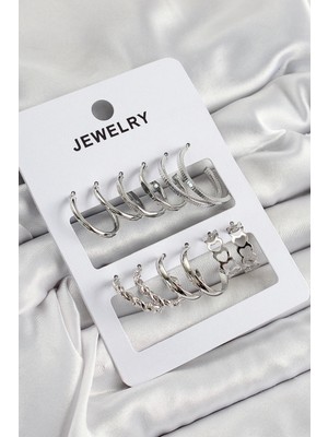 MiraLive Pirinç Karışık Halka Model Gümüş Renk 6 Çift Kadın Küpe Set - TJ-BKP10877