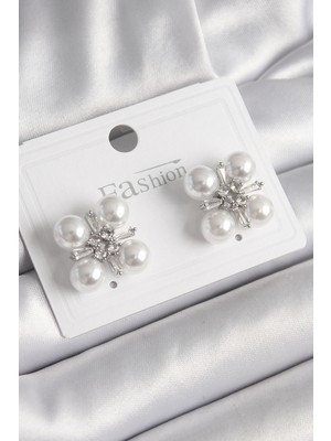 MiraLive Pirinç Gümüş Renk Zirkon Taşlı Incili Kadın Küpe - TJ-BKP9948