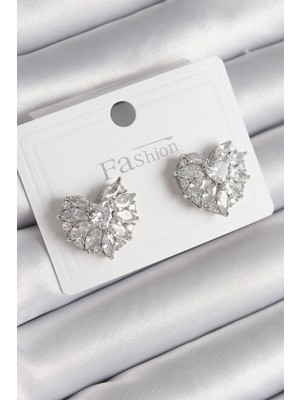 MiraLive Pirinç Gümüş Renk Zirkon Taşlı Kalp Model Kadın Küpe - TJ-BKP9749