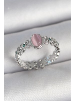 MiraLive Pirinç Gümüş Renk Zirkon Taş Detaylı Pembe Mineli Damla Model Ayarlanabilir Kadın Yüzük - TJ-BYK3724