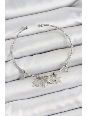 MiraLive Pirinç Zirkon Taşlı Kelebek ve Yıldız Model Gümüş Renk Charm Bileklik - TJ-BB7345