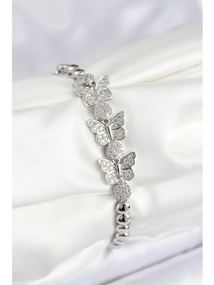 MiraLive Pirinç Zirkon Taşlı Kelebek Model Gümüş Renk Kadın Bileklik - TJ-BB7542