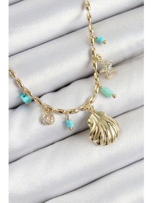 MiraLive Pirinç Zirkon Taşlı Deniz Kabuğu Model Gold Renk Kadın Kolye - TJ-BKO10368