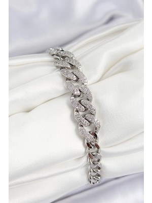 MiraLive Pirinç Zirkon Taşlı Küba Zincir Model Gümüş Renk Kadın Bileklik - TJ-BB7534