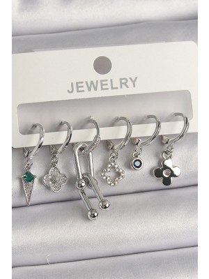 MiraLive Pirinç Gümüş Renk Zirkon Taşlı Çoklu Figür Kadın Küpe Seti - TJ-BKP10095