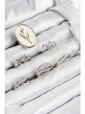 MiraLive Pirinç Zirkon Taşlı Lale Model Gümüş Renk Kadın Yüzük Kombin Set - TJ-BYK3824