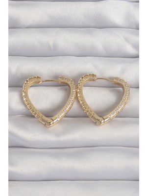 MiraLive Pirinç Gold Renk Zirkon Taşlı Motifli Kalp Küpe - TJ-BKP9285