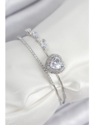 MiraLive Pirinç Zirkon Taşlı Kalp Model Gümüş Renk Kadın Bileklik - TJ-BB7856