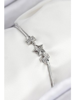 MiraLive Pirinç Zirkon Taşlı Yıldız Model Gümüş Renk Kadın Bileklik - TJ-BB7902