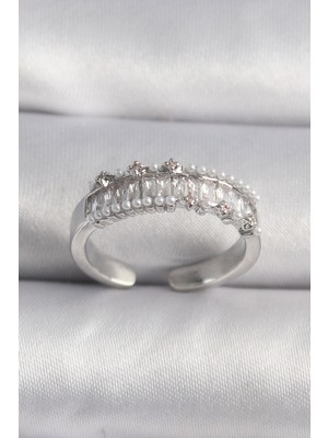 MiraLive Pirinç Gümüş Renk Zirkon Taşlı Inci Detay Vıp Seri Kadın Yüzük - TJ-BYK3519