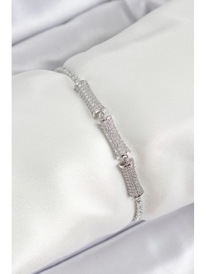 MiraLive Pirinç Gümüş Renk Zirkon Taşlı Kemik Model Kadın Bileklik - TJ-BB7071