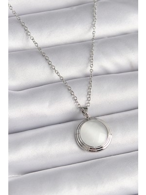 MiraLive 316L Çelik Gümüş Renk Beyaz Sedefli Daire Model Kadın Kolye - TJ-BKO9426