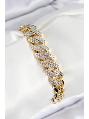 MiraLive Vıp Pirinç Zirkon Taşlı Cuba Model Gold Renk Kadın Bileklik - TJ-BB7765