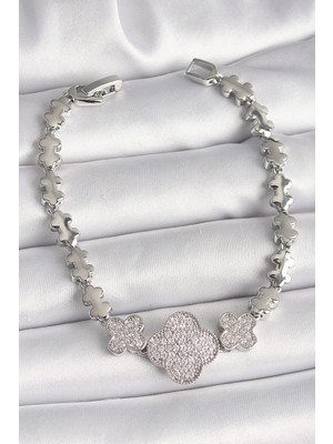 MiraLive Pirinç Gümüş Renk Zirkon Taşlı Yonca Model Zincir Model Kadın Bileklik - TJ-BB6823