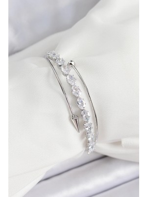 MiraLive Pirinç Gümüş Renk Arpa Zirkon Taşlı Kadın Bileklik - TJ-BB7064