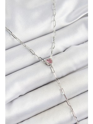 MiraLive Pirinç Zirkon Taşlı Pembe Kalp Figürlü Y Model Gümüş Renk Kadın Kolye - TJ-BKO10319