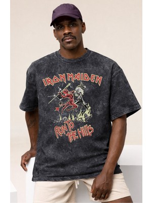 Sevbano Tasarım Iron Maiden Rock Metal Müzik Grubu Baskılı Unisex Oversize Vintage Yıkamalı Tişört