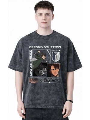 Sevbano Attack On Titan Levi Ackerman Anime Baskılı Unisex Oversize Eskitme Yıkamalı Tişört