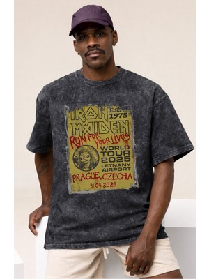 Sevbano Tasarım Iron Maiden Rock Metal Müzik Grubu Baskılı Unisex Oversize Vintage Yıkamalı Tişört