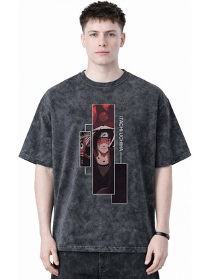 Sevbano Itachi Uchiha Naruto Anime Baskılı Unisex Oversize Eskitme Yıkamalı Tişört
