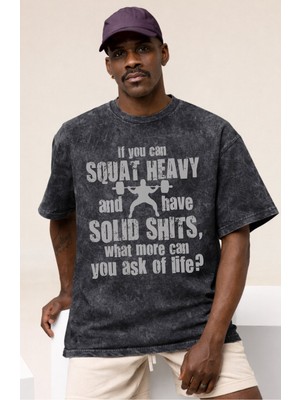 Sevbano Squat Fitness Gym Bodybuilding Sporcu Baskılı Unisex Oversize Vintage Yıkamalı Tişört