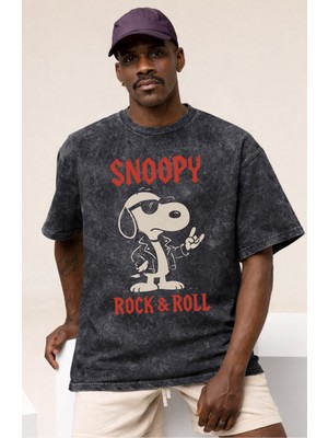 Sevbano Tasarım Snoopy Rock Metal Müzik Grubu Baskılı Unisex Oversize Vintage Yıkamalı Tişört