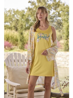 İlkyaz Fashion Ieg™ Çiçek ve Yaprak Desenli ve Baskılı "you Are Beautiful" Sabahlık Takımı