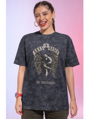 Sevbano Guns N' Roses Unisex Oversize Tişört Siyah Pamuklu Kısa Kol Sezonsuz Günlük Kullanım için