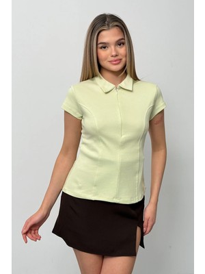 Giysa Kadın Gömlek Yaka Yarım Fermuarlı T-Shirt Yeşil - 26Y 26651