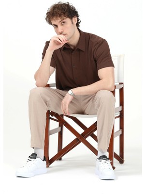 JB John Borners Erkek Kısa Kollu Düğme Kapamalı Dokulu Gömlek  Kahverengi - 30001