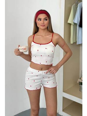 Giysa Kadın Askılı Kaplı Desenli Şortlu Pijama Takımı Beyaz - 3403
