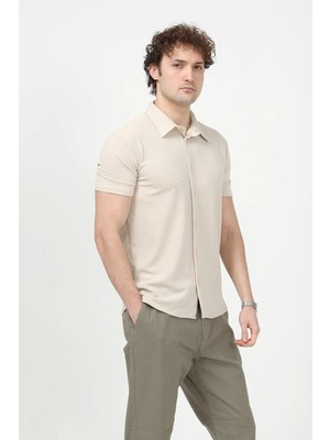 JB John Borners Erkek Kısa Kollu Düğme Kapamalı Dokulu Gömlek Bej - 30001