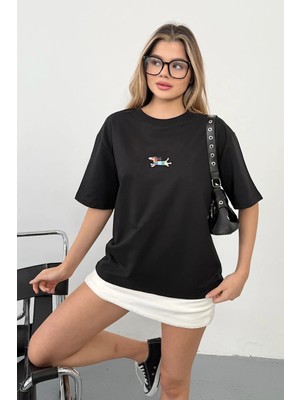 Giysa Kadın Bisiklet Yaka Köpek Nakışlı 2ip T-Shirt Siyah - 26Y 26603