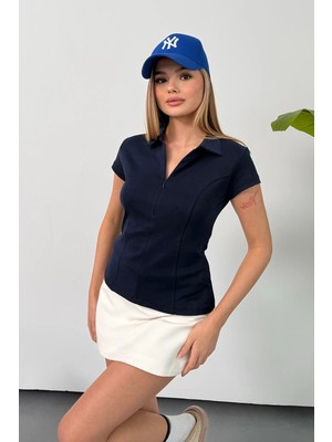 Giysa Kadın Gömlek Yaka Yarım Fermuarlı T-Shirt Lacivert - 26Y 26651