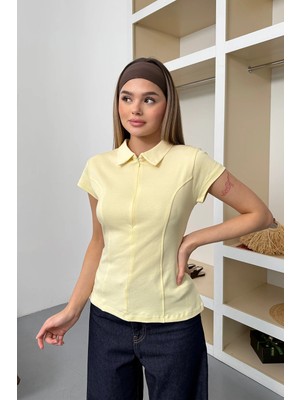 Giysa Kadın Gömlek Yaka Yarım Fermuarlı T-Shirt Sarı - 26Y 26651