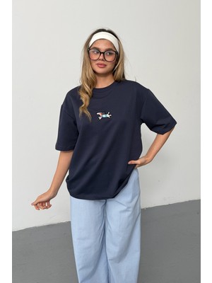Giysa Kadın Bisiklet Yaka Köpek Nakışlı 2ip T-Shirt Lacivert - 26Y 26603