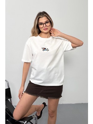 Giysa Kadın Bisiklet Yaka Köpek Nakışlı 2ip T-Shirt Beyaz - 26Y 26603