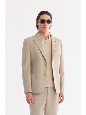 AVVA Erkek Bej Mono Yaka Torba Cepli Çift Yırtmaç Astarsız Bi-Stretch Comfort Slim Fit Ceket A61Y4012