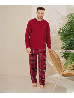 Pijamoni Erkek Standart Kalıp Pamuklu Düğme Yaka Uzun Kol Baharlık Pijama Takımı 6300/5KK - 1 Adet