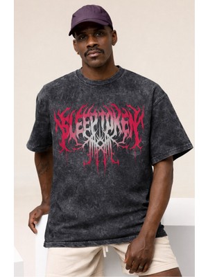 Sevbano Tasarım Sleep Token Rock Metal Müzik Grubu Baskılı Unisex Oversize Vintage Yıkamalı Tişört