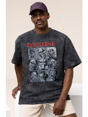 Sevbano Iron Maiden Rock Metal Müzik Grubu Baskılı Unisex Oversize Vintage Yıkamalı Tişört