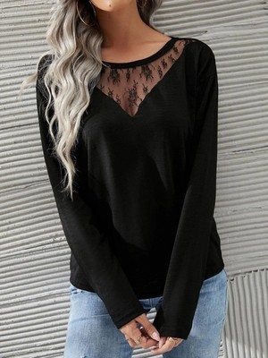 MiraLive Miray- Kadın Uzun Kollu Geniş Yuvarlak Yaka Dantelli Viskon Iki Iplik Bluz