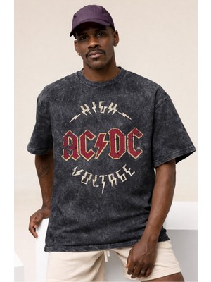 Sevbano High Ac Dc Voltage Rock Metal Müzik Grubu Baskılı Unisex Oversize Vintage Yıkamalı Tişört