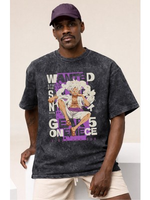 Sevbano Wanted One Piece Monkey D. Luffy Gear 5 Anime Baskılı Unisex Oversize Vintage Yıkamalı Tişört