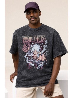 Sevbano One Piece Monkey D. Luffy Gear 5 Anime Baskılı Unisex Oversize Vintage Yıkamalı Tişört